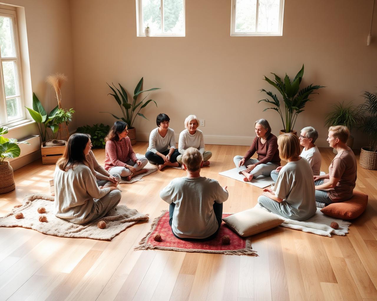 A small circle of chairs and cushions arranged for a group session